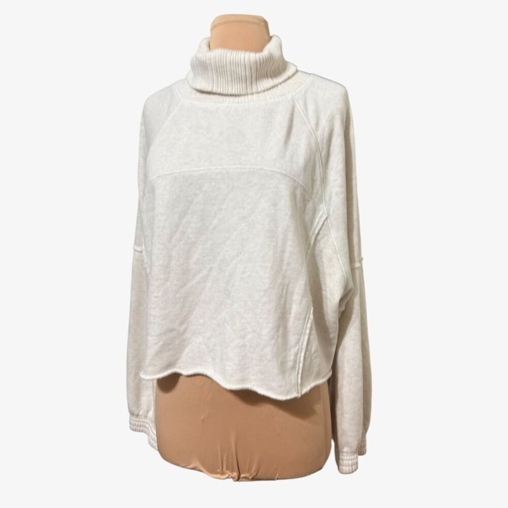 Aerie Cropped Sweatshirt Large Cream Turtleneck Retro Boho Loungewear Rolled Hem